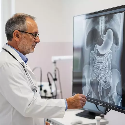 врач изучает снимок желудка